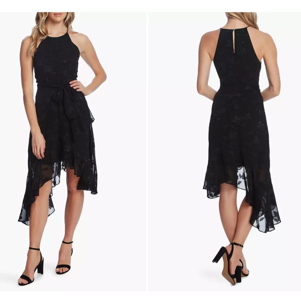 CeCe Tonal Floral Asymmetrical Hem Dress Sleeveless In Rich Black Size 10 NWOT